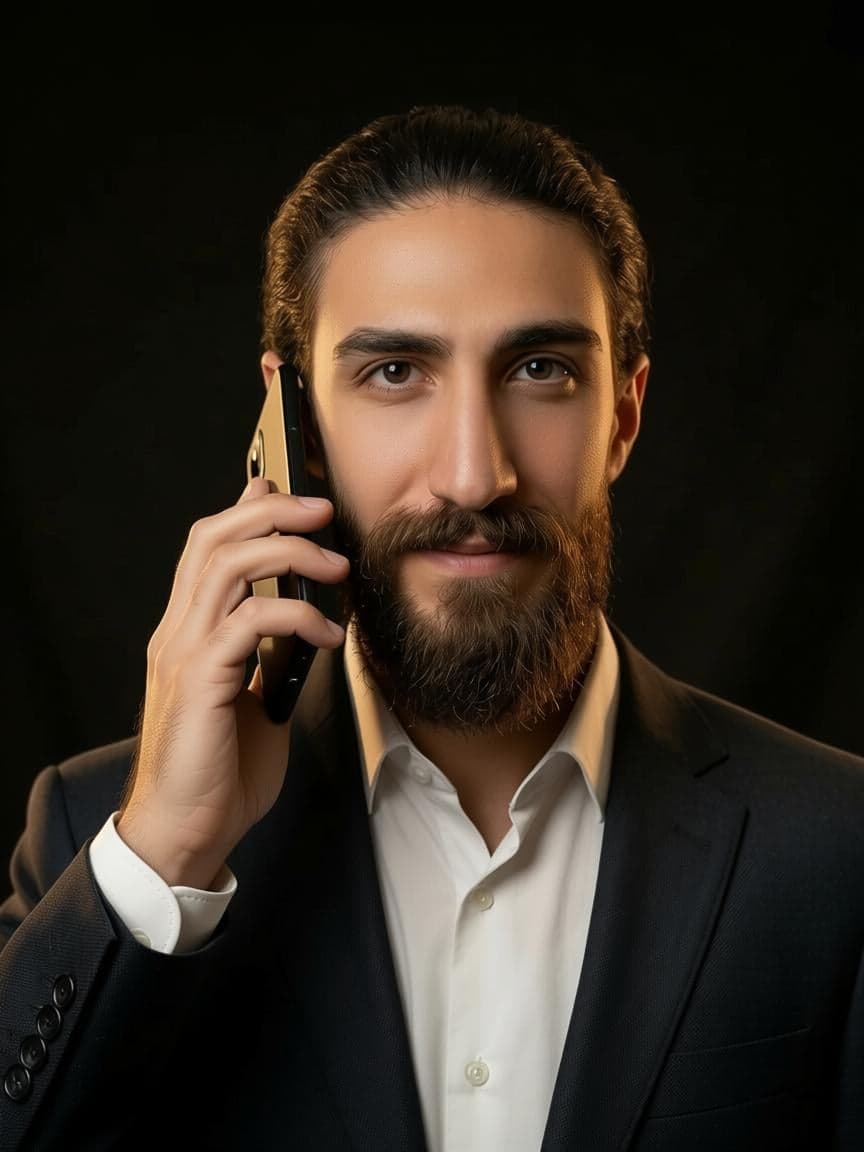 رضا طالبی در حال مشاوره تلفنی با مشتری